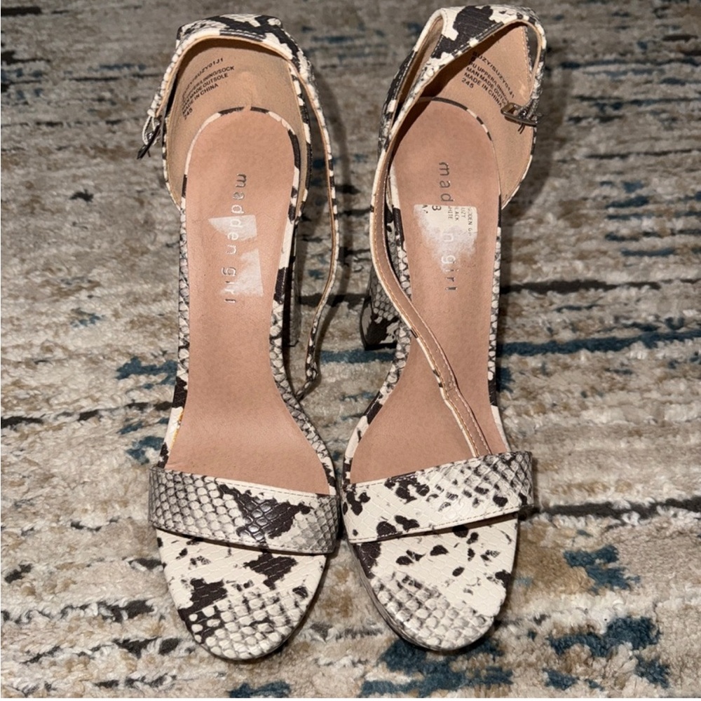 Madden Girl Black and Cream Snake Print Heels